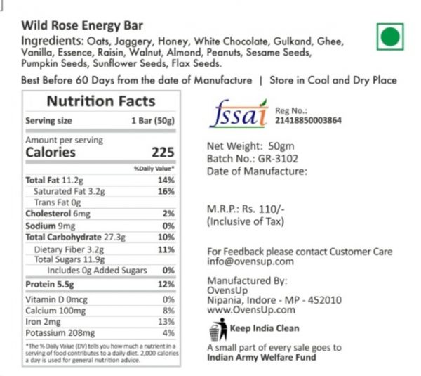 Wild Rose Energy Bar Nutrition Facts